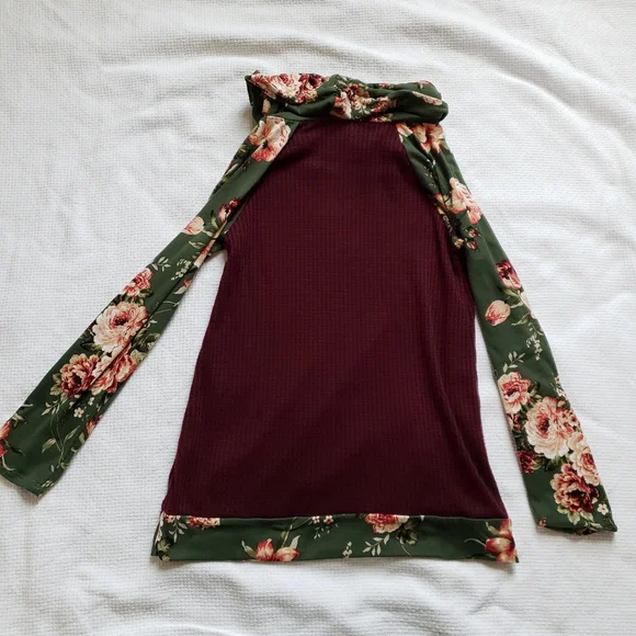 P.S. Kate Cowl Neck Pullover, Maroon & Green Floral, Women's size S - Picture 4 of 4